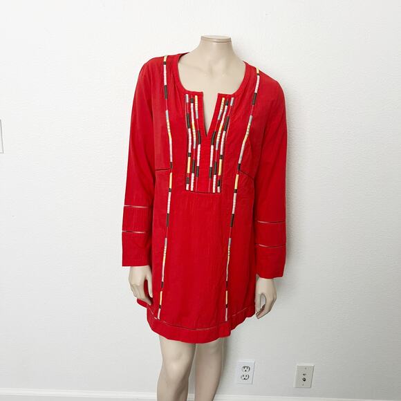[Prana] Red Embroidered Lahela Coverup Tunic Mini Dress Long Sleeves Sz Medium M - Picture 2 of 13